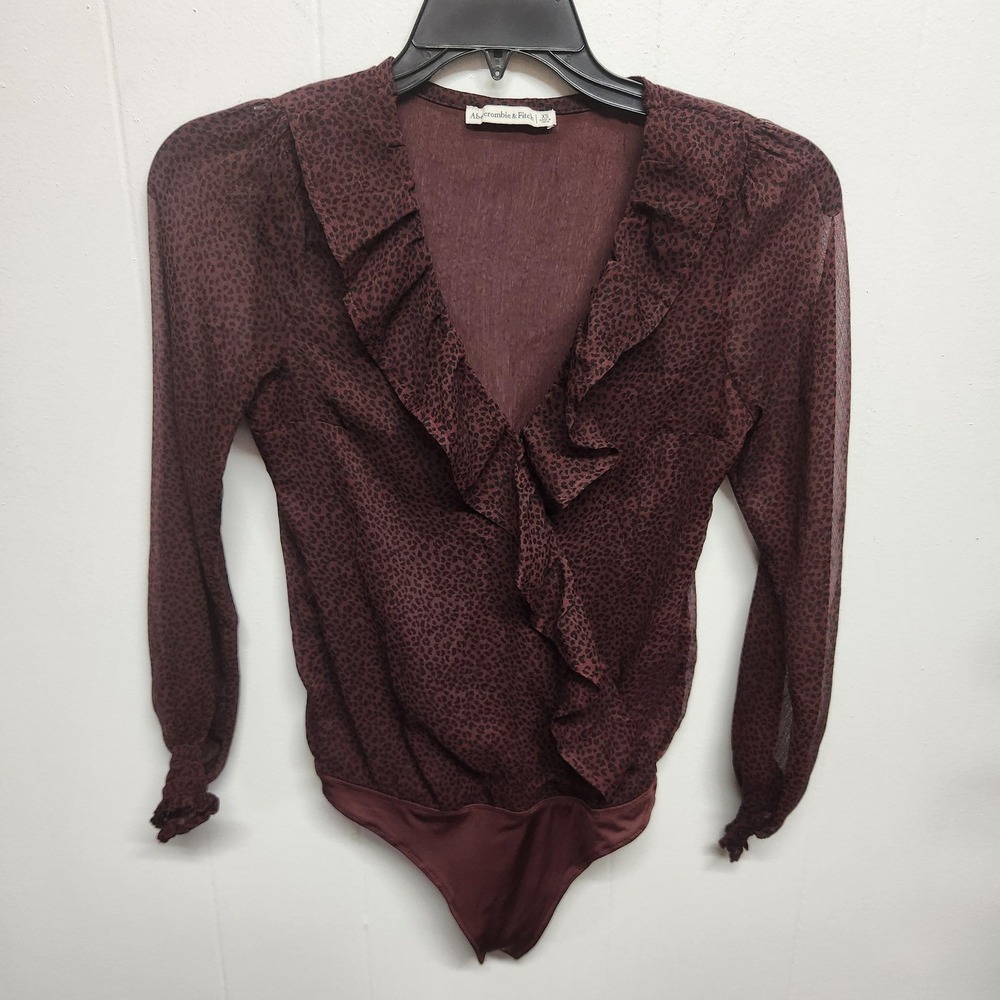 Abercrombie & Fitch Bodysuit Womens XS Red Animal Print Sheer Ruffle Long Sleeve